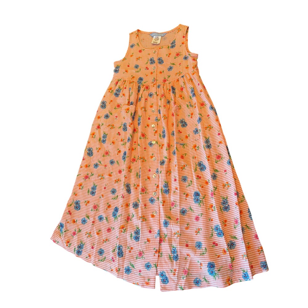 Jonathan Martin Dress Orange Gingham Floral Maxi Button Front Vintage 90s
